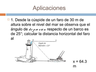 Aplicaciones
 1. Desde la cúspide de un faro de 30 m de
altura sobre el nivel del mar se observa que el
ángulo de de pre sió n respecto de un barco es
de 25°; calcular la distancia horizontal del faro
al barco.
x = 64.3
m
 