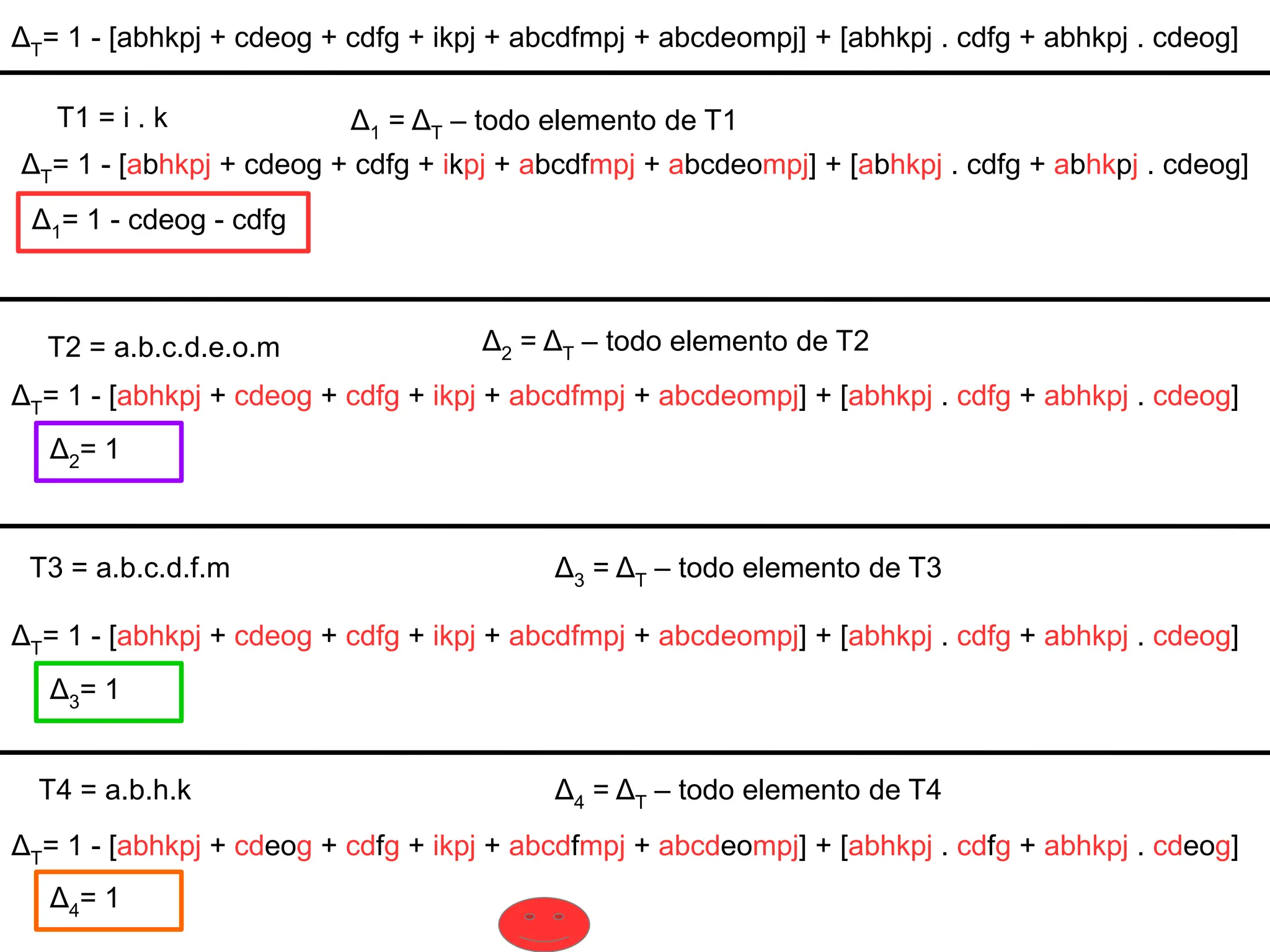 ΔT= 1 - [abhkpj + cdeog + cdfg + ikpj + abcdfmpj + abcdeompj] + [abhkpj . cdfg + abhkpj . cdeog]
ΔT= 1 - [abhkpj + cdeog + cdfg + ikpj + abcdfmpj + abcdeompj] + [abhkpj . cdfg + abhkpj . cdeog]
Δ1 = ΔT – todo elemento de T1
T1 = i . k
Δ1= 1 - cdeog - cdfg
ΔT= 1 - [abhkpj + cdeog + cdfg + ikpj + abcdfmpj + abcdeompj] + [abhkpj . cdfg + abhkpj . cdeog]
T2 = a.b.c.d.e.o.m Δ2 = ΔT – todo elemento de T2
Δ2= 1
T3 = a.b.c.d.f.m Δ3 = ΔT – todo elemento de T3
ΔT= 1 - [abhkpj + cdeog + cdfg + ikpj + abcdfmpj + abcdeompj] + [abhkpj . cdfg + abhkpj . cdeog]
Δ3= 1
T4 = a.b.h.k Δ4 = ΔT – todo elemento de T4
ΔT= 1 - [abhkpj + cdeog + cdfg + ikpj + abcdfmpj + abcdeompj] + [abhkpj . cdfg + abhkpj . cdeog]
Δ4= 1
 