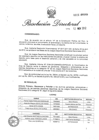 Resolucion Directoral de Felicitación de campeones nacionales cat B 2012