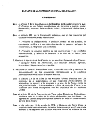 RESOLUCIÓN FINAL DE LA ASAMBLEA NACIONAL DEL ECUADOR SOBRE EL CASO JULIÁN ASSANGE 