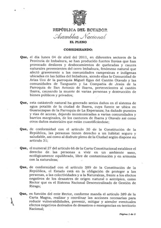 RESOLUCIÓN DE LA ASAMBLEA NACIONAL A LA PROVINCIA DE IMBABURA