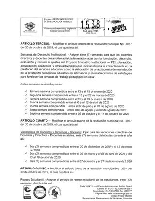 Resolución 1538   Calendario académico Bucaramanga 2020