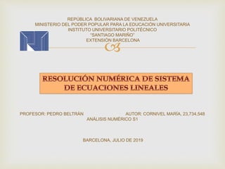 
REPÚBLICA BOLIVARIANA DE VENEZUELA
MINISTERIO DEL PODER POPULAR PARA LA EDUCACIÓN UNIVERSITARIA
INSTITUTO UNIVERSITARIO POLITÉCNICO
“SANTIAGO MARIÑO”
EXTENSIÓN BARCELONA
PROFESOR: PEDRO BELTRÁN AUTOR: CORNIVEL MARÍA, 23,734,548
ANÁLISIS NUMÉRICO S1
BARCELONA, JULIO DE 2019
 