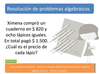 ¿Cómo resolver el problema? - Subraye el concepto desconocido (Identifique la incógnita). Asígnele una letra. - Plantee la ecuación. Planificar Ximena compró un cuaderno en $ 820 y ocho lápices iguales. En total pagó $ 1.500. ¿Cuál es el precio de cada lápiz? Ximena Resolución de problemas algebraicos 