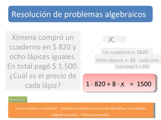 t Planificar Ximena compró un cuaderno en $ 820 y ocho lápices iguales. En total pagó $ 1.500. ¿Cuál es el precio de cada lápiz? ¿Cómo resolver el problema? - Subraye el concepto desconocido (Identifique la incógnita). Asígnele una letra. - Plantee la ecuación. x Un cuaderno a  $820 Ocho lápices a  $ x  cada uno total pagó $ 1.500 1 ∙ 820 + 8 ∙  x   =  1500  Resolución de problemas algebraicos 
