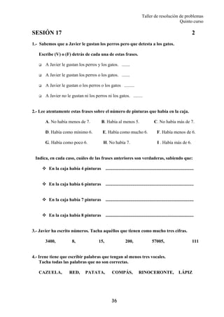 Taller de resolución de problemas
Quinto curso
36
SESIÓN 17 2
1.- Sabemos que a Javier le gustan los perros pero que detesta a los gatos.
Escribe (V) o (F) detrás de cada una de estas frases.
A Javier le gustan los perros y los gatos. .......
A Javier le gustan los perros o los gatos. .......
A Javier le gustan o los perros o los gatos .........
A Javier no le gustan ni los perros ni los gatos. ........
2.- Lee atentamente estas frases sobre el número de pinturas que había en la caja.
A. No había menos de 7. B. Había al menos 5. C. No había más de 7.
D. Había como mínimo 6. E. Había como mucho 6. F. Había menos de 6.
G. Había como poco 6. H. No había 7. I . Había más de 6.
Indica, en cada caso, cuáles de las frases anteriores son verdaderas, sabiendo que:
En la caja había 4 pinturas ..............................................................................
En la caja había 6 pinturas ..............................................................................
En la caja había 7 pinturas ..............................................................................
En la caja había 8 pinturas ..............................................................................
3.- Javier ha escrito números. Tacha aquéllos que tienen como mucho tres cifras.
3400, 8, 15, 200, 57005, 111
4.- Irene tiene que escribir palabras que tengan al menos tres vocales.
Tacha todas las palabras que no son correctas.
CAZUELA, RED, PATATA, COMPÁS, RINOCERONTE, LÁPIZ
 