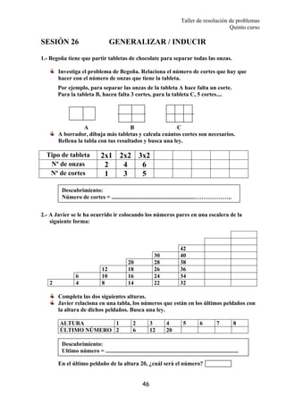 Taller de resolución de problemas
Quinto curso
46
SESIÓN 26 GENERALIZAR / INDUCIR
1.- Begoña tiene que partir tabletas de chocolate para separar todas las onzas.
Investiga el problema de Begoña. Relaciona el número de cortes que hay que
hacer con el número de onzas que tiene la tableta.
Por ejemplo, para separar las onzas de la tableta A hace falta un corte.
Para la tableta B, hacen falta 3 cortes, para la tableta C, 5 cortes....
A B C
A borrador, dibuja más tabletas y calcula cuántos cortes son necesarios.
Rellena la tabla con tus resultados y busca una ley.
Tipo de tableta 2x1 2x2 3x2
Nº de onzas 2 4 6
Nº de cortes 1 3 5
2.- A Javier se le ha ocurrido ir colocando los números pares en una escalera de la
siguiente forma:
42
30 40
20 28 38
12 18 26 36
6 10 16 24 34
2 4 8 14 22 32
Completa las dos siguientes alturas.
Javier relaciona en una tabla, los números que están en los últimos peldaños con
la altura de dichos peldaños. Busca una ley.
ALTURA 1 2 3 4 5 6 7 8
ÚLTIMO NÚMERO 2 6 12 20
En el último peldaño de la altura 20, ¿cuál será el número?
Descubrimiento:
Número de cortes = .........................................................………………..
Descubrimiento:
Ultimo número = ............................................................................................
 