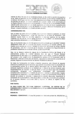 Resolucion del TSE que cancela la personería de UD