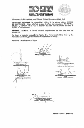 Resolucion del TSE que cancela la personería de UD