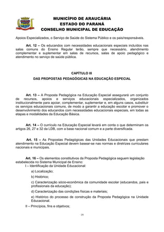 MUNICÍPIO DE ARAUCÁRIA
                       ESTADO DO PARANÁ
                 CONSELHO MUNICIPAL DE EDUCAÇÃO

Apoios Especializados, o Serviço de Saúde do Sistema Público e os pais/responsáveis.

      Art. 12 – Os educandos com necessidades educacionais especiais incluídos nas
salas comuns do Ensino Regular terão, sempre que necessário, atendimento
complementar e suplementar em salas de recursos, salas de apoio pedagógico e
atendimento no serviço de saúde pública.



                                           CAPÍTULO III
            DAS PROPOSTAS PEDAGÓGICAS NA EDUCAÇÃO ESPECIAL



        Art. 13 – A Proposta Pedagógica na Educação Especial assegurará um conjunto
de recursos, apoios e serviços educacionais especializados, organizados
institucionalmente para apoiar, complementar, suplementar e, em alguns casos, substituir
os serviços educacionais comuns, de modo a garantir a educação escolar e promover o
desenvolvimento dos educandos com necessidades educacionais especiais, em todas as
etapas e modalidades da Educação Básica.


       Art. 14 – O currículo na Educação Especial levará em conta o que determinam os
artigos 26, 27 e 32 da LDB, com a base nacional comum e a parte diversificada.


       Art. 15 – As Propostas Pedagógicas das Unidades Educacionais que prestam
atendimento na Educação Especial devem basear-se nas normas e diretrizes curriculares
nacionais e municipais.


      Art. 16 – Os elementos constitutivos da Proposta Pedagógica seguem legislação
estabelecida no Sistema Municipal de Ensino:
      I – Identificação da Unidade Educacional:
          a) Localização;
          b) Histórico;
          c) Caracterização sócio-econômica da comunidade escolar (educandos, pais e
          profissionais da educação);
          d) Caracterização das condições físicas e materiais;
          e) Histórico do processo de construção da Proposta Pedagógica na Unidade
          Educacional.
      II – Princípios, fins e objetivos;

                                                19
 