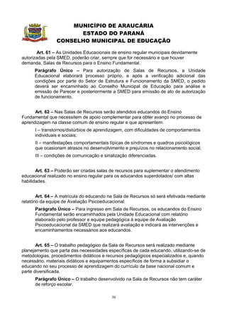 MUNICÍPIO DE ARAUCÁRIA
                      ESTADO DO PARANÁ
                CONSELHO MUNICIPAL DE EDUCAÇÃO

       Art. 61 – As Unidades Educacionais de ensino regular municipais devidamente
autorizadas pela SMED, poderão criar, sempre que for necessário e que houver
demanda, Salas de Recursos para o Ensino Fundamental.
      Parágrafo Único – Para autorização de Salas de Recursos, a Unidade
      Educacional elaborará processo próprio, e após a verificação adicional das
      condições por parte do Setor de Estrutura e Funcionamento da SMED, o pedido
      deverá ser encaminhado ao Conselho Municipal de Educação para análise e
      emissão de Parecer e posteriormente a SMED para emissão de ato de autorização
      de funcionamento.


      Art. 62 – Nas Salas de Recursos serão atendidos educandos do Ensino
Fundamental que necessitem de apoio complementar para obter avanço no processo de
aprendizagem na classe comum de ensino regular e que apresentem:
      I – transtornos/distúrbios de aprendizagem, com dificuldades de comportamentos
      individuais e sociais;
      II – manifestações comportamentais típicas de síndromes e quadros psicológicos
      que ocasionam atrasos no desenvolvimento e prejuízos no relacionamento social;
      III – condições de comunicação e sinalização diferenciadas.


       Art. 63 – Poderão ser criadas salas de recursos para suplementar o atendimento
educacional realizado no ensino regular para os educandos superdotados/ com altas
habilidades.


        Art. 64 – A matrícula do educando na Sala de Recursos só será efetivada mediante
relatório da equipe de Avaliação Psicoeducacional.
      Parágrafo Único – Para ingresso em Sala de Recursos, os educandos do Ensino
      Fundamental serão encaminhados pela Unidade Educacional com relatório
      elaborado pelo professor e equipe pedagógica à equipe de Avaliação
      Psicoeducacional da SMED que realizará avaliação e indicará as intervenções e
      encaminhamentos necessários aos educandos.


       Art. 65 – O trabalho pedagógico da Sala de Recursos será realizado mediante
planejamento que parta das necessidades específicas de cada educando, utilizando-se de
metodologias, procedimentos didáticos e recursos pedagógicos especializados e, quando
necessário, materiais didáticos e equipamentos específicos de forma a subsidiar o
educando no seu processo de aprendizagem do currículo da base nacional comum e
parte diversificada.
      Parágrafo Único – O trabalho desenvolvido na Sala de Recursos não tem caráter
      de reforço escolar.

                                           30
 