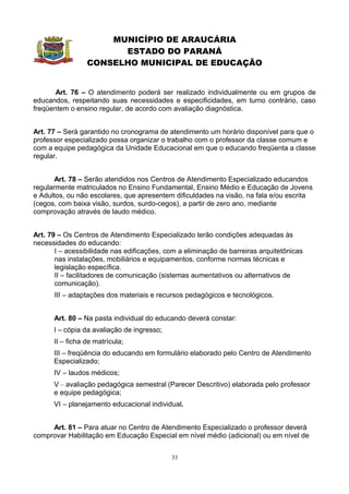 MUNICÍPIO DE ARAUCÁRIA
                       ESTADO DO PARANÁ
                 CONSELHO MUNICIPAL DE EDUCAÇÃO


       Art. 76 – O atendimento poderá ser realizado individualmente ou em grupos de
educandos, respeitando suas necessidades e especificidades, em turno contrário, caso
freqüentem o ensino regular, de acordo com avaliação diagnóstica.


Art. 77 – Será garantido no cronograma de atendimento um horário disponível para que o
professor especializado possa organizar o trabalho com o professor da classe comum e
com a equipe pedagógica da Unidade Educacional em que o educando freqüenta a classe
regular.


       Art. 78 – Serão atendidos nos Centros de Atendimento Especializado educandos
regularmente matriculados no Ensino Fundamental, Ensino Médio e Educação de Jovens
e Adultos, ou não escolares, que apresentem dificuldades na visão, na fala e/ou escrita
(cegos, com baixa visão, surdos, surdo-cegos), a partir de zero ano, mediante
comprovação através de laudo médico.


Art. 79 – Os Centros de Atendimento Especializado terão condições adequadas às
necessidades do educando:
       I – acessibilidade nas edificações, com a eliminação de barreiras arquitetônicas
       nas instalações, mobiliários e equipamentos, conforme normas técnicas e
       legislação específica.
       II – facilitadores de comunicação (sistemas aumentativos ou alternativos de
       comunicação).
      III – adaptações dos materiais e recursos pedagógicos e tecnológicos.


      Art. 80 – Na pasta individual do educando deverá constar:
      I – cópia da avaliação de ingresso;
      II – ficha de matrícula;
      III – freqüência do educando em formulário elaborado pelo Centro de Atendimento
      Especializado;
      IV – laudos médicos;
      V – avaliação pedagógica semestral (Parecer Descritivo) elaborada pelo professor
      e equipe pedagógica;
      VI – planejamento educacional individual.


     Art. 81 – Para atuar no Centro de Atendimento Especializado o professor deverá
comprovar Habilitação em Educação Especial em nível médio (adicional) ou em nível de


                                            33
 