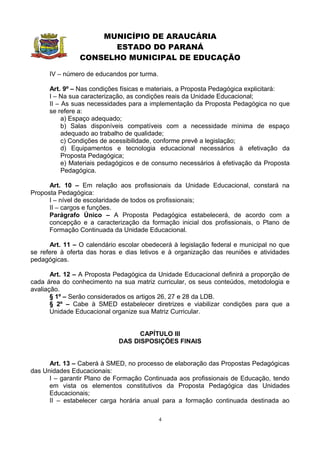 MUNICÍPIO DE ARAUCÁRIA
                      ESTADO DO PARANÁ
                CONSELHO MUNICIPAL DE EDUCAÇÃO

      IV – número de educandos por turma.

      Art. 9º – Nas condições físicas e materiais, a Proposta Pedagógica explicitará:
      I – Na sua caracterização, as condições reais da Unidade Educacional;
      II – As suas necessidades para a implementação da Proposta Pedagógica no que
      se refere a:
           a) Espaço adequado;
           b) Salas disponíveis compatíveis com a necessidade mínima de espaço
           adequado ao trabalho de qualidade;
           c) Condições de acessibilidade, conforme prevê a legislação;
           d) Equipamentos e tecnologia educacional necessários à efetivação da
           Proposta Pedagógica;
           e) Materiais pedagógicos e de consumo necessários à efetivação da Proposta
           Pedagógica.

      Art. 10 – Em relação aos profissionais da Unidade Educacional, constará na
Proposta Pedagógica:
      I – nível de escolaridade de todos os profissionais;
      II – cargos e funções.
      Parágrafo Único – A Proposta Pedagógica estabelecerá, de acordo com a
      concepção e a caracterização da formação inicial dos profissionais, o Plano de
      Formação Continuada da Unidade Educacional.

      Art. 11 – O calendário escolar obedecerá à legislação federal e municipal no que
se refere à oferta das horas e dias letivos e à organização das reuniões e atividades
pedagógicas.

       Art. 12 – A Proposta Pedagógica da Unidade Educacional definirá a proporção de
cada área do conhecimento na sua matriz curricular, os seus conteúdos, metodologia e
avaliação.
       § 1º – Serão considerados os artigos 26, 27 e 28 da LDB.
       § 2º – Cabe à SMED estabelecer diretrizes e viabilizar condições para que a
       Unidade Educacional organize sua Matriz Curricular.


                                   CAPÍTULO III
                             DAS DISPOSIÇÕES FINAIS


      Art. 13 – Caberá à SMED, no processo de elaboração das Propostas Pedagógicas
das Unidades Educacionais:
      I – garantir Plano de Formação Continuada aos profissionais de Educação, tendo
      em vista os elementos constitutivos da Proposta Pedagógica das Unidades
      Educacionais;
      II – estabelecer carga horária anual para a formação continuada destinada ao

                                            4
 