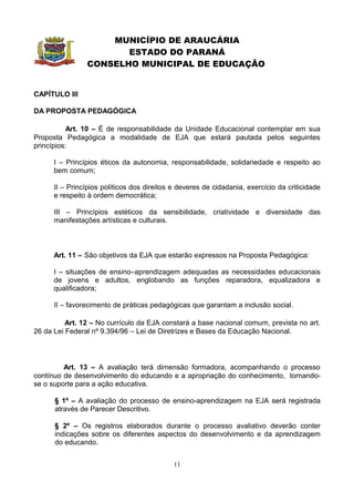 MUNICÍPIO DE ARAUCÁRIA
                       ESTADO DO PARANÁ
                CONSELHO MUNICIPAL DE EDUCAÇÃO


CAPÍTULO III

DA PROPOSTA PEDAGÓGICA

           Art. 10 – É de responsabilidade da Unidade Educacional contemplar em sua
Proposta Pedagógica a modalidade de EJA que estará pautada pelos seguintes
princípios:

      I – Princípios éticos da autonomia, responsabilidade, solidariedade e respeito ao
      bem comum;

      II – Princípios políticos dos direitos e deveres de cidadania, exercício da criticidade
      e respeito à ordem democrática;

      III – Princípios estéticos da sensibilidade, criatividade e diversidade das
      manifestações artísticas e culturais.



      Art. 11 – São objetivos da EJA que estarão expressos na Proposta Pedagógica:

      I – situações de ensino–aprendizagem adequadas as necessidades educacionais
      de jovens e adultos, englobando as funções reparadora, equalizadora e
      qualificadora;

      II – favorecimento de práticas pedagógicas que garantam a inclusão social.

          Art. 12 – No currículo da EJA constará a base nacional comum, prevista no art.
26 da Lei Federal nº 9.394/96 – Lei de Diretrizes e Bases da Educação Nacional.




         Art. 13 – A avaliação terá dimensão formadora, acompanhando o processo
contínuo de desenvolvimento do educando e a apropriação do conhecimento, tornando-
se o suporte para a ação educativa.

      § 1º – A avaliação do processo de ensino-aprendizagem na EJA será registrada
      através de Parecer Descritivo.

      § 2º – Os registros elaborados durante o processo avaliativo deverão conter
      indicações sobre os diferentes aspectos do desenvolvimento e da aprendizagem
      do educando.


                                             11
 