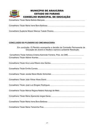 MUNICÍPIO DE ARAUCÁRIA
                              ESTADO DO PARANÁ
                       CONSELHO MUNICIPAL DE EDUCAÇÃO
Conselheira Titular Marta Batista Marques............................................................................

Conselheiro Titular Maria Irene Bora Barbosa.......................................................................

Conselheiro Suplente Moacir Marcos Tuleski Pereira...........................................................




CONCLUSÃO DO PLENÁRIO DO CME/ARAUCÁRIA

             Em conclusão: O Plenário acompanha a decisão da Comissão Permanente de
                      Educação de Jovens e Adultos e aprova a presente Resolução.

Conselheira Titular Adriana Cristina Kaminski Ferreira, Pres. do CME..............................
Conselheiro Titular Aldinei Arantes..................................................................................

Conselheira Titular Ana Lúcia Ribeiro dos Santos.................................................................

Conselheira Titular Emília Correia.........................................................................................

Conselheira Titular Janete Maria Miotto Schiontek................................................................

Conselheiro Titular João Vilmar Alves David.........................................................................

Conselheiro Titular José Luiz Brogian Rodrigues..................................................................

Conselheira Titular Márcia Regina Natário Katuragi de Melo................................................

Conselheira Titular Maria Aparecida Iargas Karas................................................................

Conselheira Titular Maria Irene Bora Barbosa.......................................................................

Conselheira Titular Maria Terezinha Piva.............................................................................




                                                            17
 