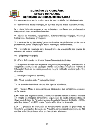 MUNICÍPIO DE ARAUCÁRIA
                 ESTADO DO PARANÁ
          CONSELHO MUNICIPAL DE EDUCAÇÃO
II – comprovante do ato de credenciamento, se o pedido for da iniciativa privada;

III – comprovante do ato de criação, se o pedido for para a rede pública municipal;

IV – planta baixa dos espaços e das instalações, com layout dos equipamentos
não portáteis, com as devidas dimensões;

V – relação do mobiliário, equipamentos, material didático-pedagógico, do acervo
bibliográfico, dos jogos e brinquedos;

VI – relação da equipe pedagógica-administrativa, de professores e de outros
profissionais, com a comprovação de sua habilitação e escolaridade;

VII – previsão de matrícula com demonstrativo da organização dos grupos de
crianças, por idade e modalidade;

VIII – proposta pedagógica;

IX – Plano de formação continuada dos profissionais da instituição;

X – Regimento Escolar que expresse a organização pedagógica, administrativa e
disciplinar da instituição de Educação Infantil, ou Adendo ao Regimento referente à
Educação Infantil, se for o caso, quando na mesma instituição funcionar outro nível
de ensino.

XI – Licença da Vigilância Sanitária;

XII – Alvará expedido pela Prefeitura Municipal;

XIII – Certificado Positivo de Vistoria do Corpo de Bombeiros;

XIV – Plano de Metas e cronograma para adequações que se façam necessárias,
se for o caso.

§ 1º – Além das exigências acima, a instituição deverá atender as normas técnicas
em relação a edificações, saneamento, segurança e de saúde, estabelecidas pelo
Governo do Estado do Paraná através da Secretaria Estadual de Saúde – SESA,
pela Resolução nº 162/2005 e pela Prefeitura Municipal de Araucária.

§ 2º – O processo de autorização de funcionamento, deverá ser protocolado na
Secretaria Municipal de Educação de Araucária, com antecedência mínima de 120
(cento e vinte) dias antes do início previsto para as atividades.




                                        24
 