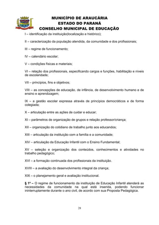 MUNICÍPIO DE ARAUCÁRIA
                  ESTADO DO PARANÁ
           CONSELHO MUNICIPAL DE EDUCAÇÃO
I – identificação da instituição(localização e histórico);

II – caracterização da população atendida, da comunidade e dos profissionais;

III – regime de funcionamento;

IV – calendário escolar;

V – condições físicas e materiais;

VI – relação dos profissionais, especificando cargos e funções, habilitação e níveis
de escolaridade;

VII – princípios, fins e objetivos;

VIII – as concepções de educação, de infância, de desenvolvimento humano e de
ensino e aprendizagem;

IX – a gestão escolar expressa através de princípios democráticos e de forma
colegiada;

X – articulação entre as ações de cuidar e educar;

XI – parâmetros de organização de grupos e relação professor/criança;

XII – organização do cotidiano de trabalho junto aos educandos;

XIII – articulação da instituição com a família e a comunidade;

XIV – articulação da Educação Infantil com o Ensino Fundamental;

XV – seleção e organização dos conteúdos, conhecimentos e atividades no
trabalho pedagógico;

XVI – a formação continuada dos profissionais da instituição.

XVIII – a avaliação do desenvolvimento integral da criança;

XIX – o planejamento geral e avaliação institucional.

§ 1º – O regime de funcionamento da instituição de Educação Infantil atenderá as
necessidades da comunidade na qual está inserida, podendo funcionar
ininterruptamente durante o ano civil, de acordo com sua Proposta Pedagógica.




                                        28
 