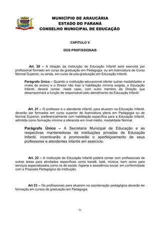 MUNICÍPIO DE ARAUCÁRIA
                       ESTADO DO PARANÁ
                CONSELHO MUNICIPAL DE EDUCAÇÃO


                                     CAPITULO V

                                 DOS PROFISSIONAIS




          Art. 20 – A direção da instituição de Educação Infantil será exercida por
profissional formado em curso de graduação em Pedagogia, ou em licenciatura de Curso
Normal Superior, ou ainda, em curso de pós-graduação em Educação Infantil.

      Parágrafo Único – Quando a instituição educacional ofertar outras modalidades e
      níveis de ensino e o Diretor não tiver a habilitação mínima exigida, a Educação
      Infantil, deverá contar, neste caso, com outro membro da Direção que
      desempenhará a função de responsável pelo atendimento da Educação Infantil.




         Art. 21 – O professor e o atendente infantil, para atuarem na Educação Infantil,
deverão ser formados em curso superior de licenciatura plena em Pedagogia ou de
Normal Superior, preferencialmente com habilitação específica para a Educação Infantil,
admitida como formação mínima a oferecida em nível médio, modalidade Normal.

      Parágrafo Único – A Secretaria Municipal de Educação e as
      respectivas mantenedoras de instituições privadas de Educação
      Infantil, incentivarão e promoverão o aperfeiçoamento de seus
      professores e atendentes infantis em exercício.



         Art. 22 – A instituição de Educação Infantil poderá contar com profissionais de
outras áreas para atividades específicas como karatê, balé, música, bem como para
serviços especializados como os de saúde, higiene e assistência social, em conformidade
com a Proposta Pedagógica da instituição.




        Art 23 – Os profissionais para atuarem na coordenação pedagógica deverão ter
formação em cursos de graduação em Pedagogia.




                                           31
 