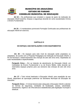 MUNICÍPIO DE ARAUCÁRIA
                       ESTADO DO PARANÁ
                CONSELHO MUNICIPAL DE EDUCAÇÃO
         Art 24 – Os profissionais que compõem a equipe de apoio da instituição de
educação infantil (cozinha, limpeza e segurança) deverão ter como escolaridade mínima
o Ensino Fundamental.




       Art 25 – A mantenedora promoverá Formação Continuada aos profissionais de
educação infantil em exercício.




                                    CAPÍTULO VI

             DO ESPAÇO, DAS INSTALAÇÕES E DOS EQUIPAMENTOS




          Art. 26 – Os espaços para este nível de educação serão projetados ou
adaptados, de acordo com a Proposta Pedagógica da instituição de Educação Infantil, a
fim de favorecer o desenvolvimento das crianças de zero até cinco anos, respeitadas as
suas necessidades e especificidades.

      Parágrafo Único – Em se tratando de atendimento da Educação Infantil, em
      instituições de Ensino Fundamental e ou de Ensino Médio, neles deverão ser
      reservados espaços próprios para uso exclusivo das crianças de zero até cinco
      anos.




         Art. 27 – Todo imóvel destinado à Educação Infantil, para expedição de seu
Alvará, dependerá de aprovação preliminar da Secretaria Municipal de Educação de
Araucária.

      Parágrafo Único – O imóvel deverá estar adequado à Educação Infantil e atender
      as normas de segurança, condições de localização, acesso, salubridade,
      saneamento, higiene e de infra-estrutura estabelecidas pela legislação municipal e
      estadual.




                                          32
 