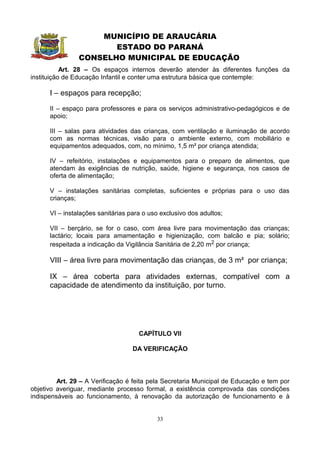 MUNICÍPIO DE ARAUCÁRIA
                       ESTADO DO PARANÁ
                CONSELHO MUNICIPAL DE EDUCAÇÃO
           Art. 28 – Os espaços internos deverão atender às diferentes funções da
instituição de Educação Infantil e conter uma estrutura básica que contemple:

      I – espaços para recepção;

      II – espaço para professores e para os serviços administrativo-pedagógicos e de
      apoio;

      III – salas para atividades das crianças, com ventilação e iluminação de acordo
      com as normas técnicas, visão para o ambiente externo, com mobiliário e
      equipamentos adequados, com, no mínimo, 1,5 m² por criança atendida;

      IV – refeitório, instalações e equipamentos para o preparo de alimentos, que
      atendam às exigências de nutrição, saúde, higiene e segurança, nos casos de
      oferta de alimentação;

      V – instalações sanitárias completas, suficientes e próprias para o uso das
      crianças;

      VI – instalações sanitárias para o uso exclusivo dos adultos;

      VII – berçário, se for o caso, com área livre para movimentação das crianças;
      lactário; locais para amamentação e higienização, com balcão e pia; solário;
      respeitada a indicação da Vigilância Sanitária de 2,20 m2 por criança;

      VIII – área livre para movimentação das crianças, de 3 m² por criança;

      IX – área coberta para atividades externas, compatível com a
      capacidade de atendimento da instituição, por turno.




                                     CAPÍTULO VII

                                   DA VERIFICAÇÃO




         Art. 29 – A Verificação é feita pela Secretaria Municipal de Educação e tem por
objetivo averiguar, mediante processo formal, a existência comprovada das condições
indispensáveis ao funcionamento, à renovação da autorização de funcionamento e à


                                           33
 