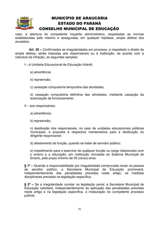 MUNICÍPIO DE ARAUCÁRIA
                       ESTADO DO PARANÁ
                CONSELHO MUNICIPAL DE EDUCAÇÃO
caso, a abertura do competente inquérito administrativo, respeitadas as normas
estabelecidas pelo mesmo e assegurada, em qualquer hipótese, ampla defesa dos
acusados.

         Art. 39 – Confirmadas as irregularidades em processo, e respeitado o direito de
ampla defesa, serão impostas aos responsáveis ou à instituição, de acordo com a
natureza da infração, as seguintes sanções:

      I – à Unidade Educacional de Educação Infantil:

          a) advertência;

          b) repreensão;

          c) cessação compulsória temporária das atividades;

          d) cessação compulsória definitiva das atividades, mediante cassação da
          autorização de funcionamento.

      II – aos responsáveis:

          a) advertência;

          b) repreensão;

          c) destituição dos responsáveis, no caso de unidades educacionais públicas
          municipais, e proposta à respectiva mantenedora para a destituição do
          dirigente responsável;

          d) afastamento da função, quando se tratar de servidor público;

          e) impedimento para o exercício de qualquer função ou cargo relacionado com
          o ensino e a educação, em instituição vinculada ao Sistema Municipal de
          Ensino, pelo prazo mínimo de 05 (cinco) anos.

      § 1º – Quando a responsabilidade por irregularidade comprovada recair na pessoa
      de servidor público, a Secretaria Municipal de Educação promoverá,
      independentemente das penalidades previstas neste artigo, as medidas
      disciplinares previstas na legislação específica.

      § 2º – Se a irregularidade constar na legislação penal, a Secretaria Municipal de
      Educação solicitará, independentemente da aplicação das penalidades previstas
      neste artigo e na legislação específica, a instauração do competente processo
      judicial.



                                           36
 