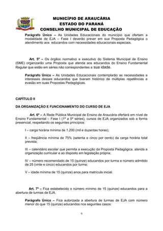 MUNICÍPIO DE ARAUCÁRIA
                       ESTADO DO PARANÁ
                CONSELHO MUNICIPAL DE EDUCAÇÃO
      Parágrafo Único – As Unidades Educacionais do município que ofertam a
      modalidade de EJA – Fase I deverão prever em sua Proposta Pedagógica o
      atendimento aos educandos com necessidades educacionais especiais.




         Art. 5º – Os órgãos normativo e executivo do Sistema Municipal de Ensino
(SME) organizarão uma Proposta que atenda aos educandos do Ensino Fundamental
Regular que estão em séries não correspondentes a sua idade.

      Parágrafo Único – As Unidades Educacionais contemplarão as necessidades e
      interesses desses educandos que tiveram histórico de múltiplas repetências e
      evasão em suas Propostas Pedagógicas.



CAPÍTULO II

DA ORGANIZAÇÃO E FUNCIONAMENTO DO CURSO DE EJA

         Art. 6º – A Rede Pública Municipal de Ensino de Araucária ofertará em nível de
Ensino Fundamental – Fase I (1ª a 5ª séries), cursos de EJA organizados sob a forma
presencial, respeitando os seguintes princípios:

      I – carga horária mínima de 1.200 (mil e duzentas horas);

      II – freqüência mínima de 75% (setenta e cinco por cento) da carga horária total
      prevista;

      III – calendário escolar que permita a execução da Proposta Pedagógica, atenda a
      organização curricular e ao disposto em legislação própria;

      IV – número recomendado de 15 (quinze) educandos por turma e número admitido
      de 25 (vinte e cinco) educandos por turma;

      V – idade mínima de 15 (quinze) anos para matrícula inicial.




         Art. 7º – Fica estabelecido o número mínimo de 15 (quinze) educandos para a
abertura de turmas de EJA.

      Parágrafo Único – Fica autorizada a abertura de turmas de EJA com número
      menor do que 15 (quinze) educandos nos seguintes casos:

                                            9
 