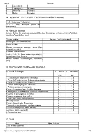 1/4/2014 Resoluções
http://www.mma.gov.br/port/conama/res/res00/res27300.html 8/10
( ) Nascente(s):
( ) Lago/lagoa(s): Nome(s):
( ) Arroio(s): Nome(s):
( ) Rio(s): Nome(s):
14. LANÇAMENTO DE EFLUENTES DOMÉSTICOS / SANITÁRIOS (assinale)
14.1 - Sistema de Tratamento:
14.2 - Corpo Receptor (local de
lançamento)
15. RESÍDUOS SÓLIDOS
Indicar o destino dos seguintes resíduos sólidos (não deixe campo em branco, informe "atividade
inexistente" quando for o caso)
Tipo de resíduo Destino Final (agente/local)
Embalagens de óleo lubrificante
Filtros de óleo
Outras embalagens (xampu, limpa-vidros,
removedores, etc.)
Resíduos de borracharia
Areia e lodo do fundo do(s) separador(es),
água/óleo e caixas de areia
Outros resíduos (administração, restaurante,
etc.)
16. EQUIPAMENTOS E SISTEMAS DE CONTROLE:
- Controle de Estoques ( ) manual
Sim
( ) automático
Não
- Monitoramento Intersetorial automático ( ) ( )
- Poços de Monitoramento de águas subterrâneas ( ) ( )
- Poços de Monitoramento de vapor ( ) ( )
- Válvula de retenção junto a Bombas ( ) ( )
- Proteção contra derramamento ( ) ( )
Câmara de acesso a boca de visita do tanque ( ) ( )
Contenção de vazamento sob a unidade abastecedora ( ) ( )
Canaleta de contenção da cobertura ( ) ( )
Caixa separadora de água e óleo ( ) ( )
- Proteção contra transbordamento ( ) ( )
Descarga selada ( ) ( )
Câmara de contenção de descarga ( ) ( )
Válvula de proteção contra transbordamento ( ) ( )
Válvula de retenção de esfera flutuante ( ) ( )
Alarme de transbordamento ( ) ( )
- Outros (descrever)
17. PISOS
Pisos Tipos de Piso
Área de abastecimento
 