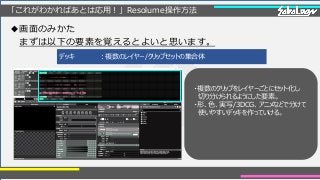 「これがわかればあとは応用！」Resolume操作方法
◆画面のみかた
まずは以下の要素を覚えるとよいと思います。
・複数のクリップをレイヤーごとにセット化し
切り分けられるようにした要素。
・形、色、実写/3DCG、アニメなどで分けて
使いやすいデッキを作っていける。
デッキ ：複数のレイヤー/クリップセットの集合体
 