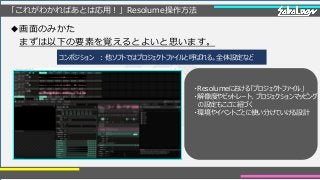 「これがわかればあとは応用！」Resolume操作方法
◆画面のみかた
まずは以下の要素を覚えるとよいと思います。
コンポジション ：他ソフトではプロジェクトファイルと呼ばれる。全体設定など
・Resolumeにおける「プロジェクトファイル」
・解像度やビットレート、プロジェクションマッピング
の設定もここに紐づく
・環境やイベントごとに使い分けていける設計
 