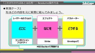 「これがわかればあとは応用！」Resolume操作方法
◆実践ケース1
先ほどの内容を元に実際に組んでみましょう。
どこに なにを どうする
コンポジション
プロパティ
Strbe Envelopeで
レイヤー&カラムUI エフェクト パラメーター
MIDIbuttonで発動する
 