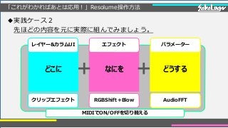「これがわかればあとは応用！」Resolume操作方法
◆実践ケース２
先ほどの内容を元に実際に組んでみましょう。
どこに なにを どうする
クリップエフェクト RGBShift＋Blow AudioFFT
レイヤー&カラムUI エフェクト パラメーター
MIDIでON/OFFを切り替える
 