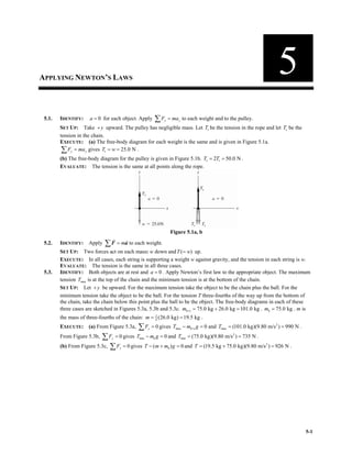 5-1
APPLYING NEWTON’S LAWS
5.1. IDENTIFY: 0
a = for each object. Apply y y
F ma
=
∑ to each weight and to the pulley.
SET UP: Take y
+ upward. The pulley has negligible mass. Let r
T be the tension in the rope and let c
T be the
tension in the chain.
EXECUTE: (a) The free-body diagram for each weight is the same and is given in Figure 5.1a.
y y
F ma
=
∑ gives r 25.0 N
T w
= = .
(b) The free-body diagram for the pulley is given in Figure 5.1b. c r
2 50.0 N
T T
= = .
EVALUATE: The tension is the same at all points along the rope.
Figure 5.1a, b
5.2. IDENTIFY: Apply m
=
∑F a
! !
to each weight.
SET UP: Two forces act on each mass: w down and ( )
T w
= up.
EXECUTE: In all cases, each string is supporting a weight w against gravity, and the tension in each string is w.
EVALUATE: The tension is the same in all three cases.
5.3. IDENTIFY: Both objects are at rest and 0
a = . Apply Newton’s first law to the appropriate object. The maximum
tension max
T is at the top of the chain and the minimum tension is at the bottom of the chain.
SET UP: Let y
+ be upward. For the maximum tension take the object to be the chain plus the ball. For the
minimum tension take the object to be the ball. For the tension T three-fourths of the way up from the bottom of
the chain, take the chain below this point plus the ball to be the object. The free-body diagrams in each of these
three cases are sketched in Figures 5.3a, 5.3b and 5.3c. b+c 75.0 kg 26.0 kg 101.0 kg
m = + = . b 75.0 kg
m = . m is
the mass of three-fourths of the chain: 3
4
(26.0 kg) 19.5 kg
m = = .
EXECUTE: (a) From Figure 5.3a, 0
y
F =
∑ gives max b+c 0
T m g
− = and 2
max (101.0 kg)(9.80 m/s ) 990 N
T = = .
From Figure 5.3b, 0
y
F =
∑ gives min b 0
T m g
− = and 2
min (75.0 kg)(9.80 m/s ) 735 N
T = = .
(b) From Figure 5.3c, 0
y
F =
∑ gives b
( ) 0
T m m g
− + = and 2
(19.5 kg 75.0 kg)(9.80 m/s ) 926 N
T = + = .
5
 