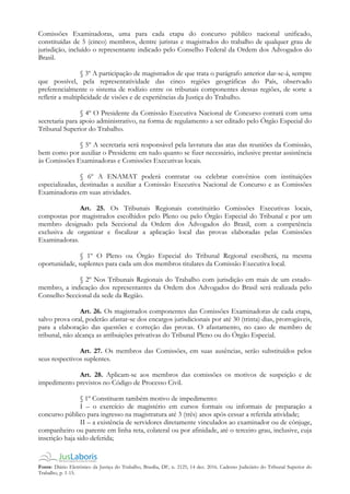 Fonte: Diário Eletrônico da Justiça do Trabalho, Brasília, DF, n. 2125, 14 dez. 2016. Caderno Judiciário do Tribunal Superior do
Trabalho, p. 1-15.
Comissões Examinadoras, uma para cada etapa do concurso público nacional unificado,
constituídas de 5 (cinco) membros, dentre juristas e magistrados do trabalho de qualquer grau de
jurisdição, incluído o representante indicado pelo Conselho Federal da Ordem dos Advogados do
Brasil.
§ 3º A participação de magistrados de que trata o parágrafo anterior dar-se-á, sempre
que possível, pela representatividade das cinco regiões geográficas do País, observado
preferencialmente o sistema de rodízio entre os tribunais componentes dessas regiões, de sorte a
refletir a multiplicidade de visões e de experiências da Justiça do Trabalho.
§ 4º O Presidente da Comissão Executiva Nacional de Concurso contará com uma
secretaria para apoio administrativo, na forma de regulamento a ser editado pelo Órgão Especial do
Tribunal Superior do Trabalho.
§ 5º A secretaria será responsável pela lavratura das atas das reuniões da Comissão,
bem como por auxiliar o Presidente em tudo quanto se fizer necessário, inclusive prestar assistência
às Comissões Examinadoras e Comissões Executivas locais.
§ 6º A ENAMAT poderá contratar ou celebrar convênios com instituições
especializadas, destinadas a auxiliar a Comissão Executiva Nacional de Concurso e as Comissões
Examinadoras em suas atividades.
Art. 25. Os Tribunais Regionais constituirão Comissões Executivas locais,
compostas por magistrados escolhidos pelo Pleno ou pelo Órgão Especial do Tribunal e por um
membro designado pela Seccional da Ordem dos Advogados do Brasil, com a competência
exclusiva de organizar e fiscalizar a aplicação local das provas elaboradas pelas Comissões
Examinadoras.
§ 1º O Pleno ou Órgão Especial do Tribunal Regional escolherá, na mesma
oportunidade, suplentes para cada um dos membros titulares da Comissão Executiva local.
§ 2º Nos Tribunais Regionais do Trabalho com jurisdição em mais de um estado-
membro, a indicação dos representantes da Ordem dos Advogados do Brasil será realizada pelo
Conselho Seccional da sede da Região.
Art. 26. Os magistrados componentes das Comissões Examinadoras de cada etapa,
salvo prova oral, poderão afastar-se dos encargos jurisdicionais por até 30 (trinta) dias, prorrogáveis,
para a elaboração das questões e correção das provas. O afastamento, no caso de membro de
tribunal, não alcança as atribuições privativas do Tribunal Pleno ou do Órgão Especial.
Art. 27. Os membros das Comissões, em suas ausências, serão substituídos pelos
seus respectivos suplentes.
Art. 28. Aplicam-se aos membros das comissões os motivos de suspeição e de
impedimento previstos no Código de Processo Civil.
§ 1º Constituem também motivo de impedimento:
I – o exercício de magistério em cursos formais ou informais de preparação a
concurso público para ingresso na magistratura até 3 (três) anos após cessar a referida atividade;
II – a existência de servidores diretamente vinculados ao examinador ou de cônjuge,
companheiro ou parente em linha reta, colateral ou por afinidade, até o terceiro grau, inclusive, cuja
inscrição haja sido deferida;
 