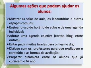 Algumas ações que podem ajudar os
alunos:
Mostrar as salas de aula, os laboratórios e outros
espaços comuns;
Ensinar o uso do horário de aulas e de uma agenda
individual;
Adotar uma agenda coletiva (cartaz, blog, entre
outros);
Evitar pedir muitas tarefas para o mesmo dia;
Diálogo com os professores para que expliquem o
conteúdo e as formas de avaliação;
Preparar dinâmicas entre os alunos que já
cursaram o 6º ano.
 