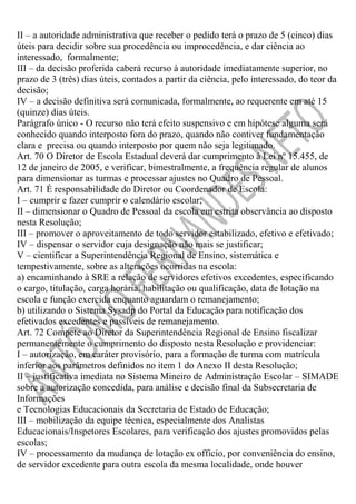II – a autoridade administrativa que receber o pedido terá o prazo de 5 (cinco) dias
úteis para decidir sobre sua procedência ou improcedência, e dar ciência ao
interessado, formalmente;
III – da decisão proferida caberá recurso à autoridade imediatamente superior, no
prazo de 3 (três) dias úteis, contados a partir da ciência, pelo interessado, do teor da
decisão;
IV – a decisão definitiva será comunicada, formalmente, ao requerente em até 15
(quinze) dias úteis.
Parágrafo único - O recurso não terá efeito suspensivo e em hipótese alguma será
conhecido quando interposto fora do prazo, quando não contiver fundamentação
clara e precisa ou quando interposto por quem não seja legitimado.
Art. 70 O Diretor de Escola Estadual deverá dar cumprimento à Lei nº 15.455, de
12 de janeiro de 2005, e verificar, bimestralmente, a frequência regular de alunos
para dimensionar as turmas e processar ajustes no Quadro de Pessoal.
Art. 71 É responsabilidade do Diretor ou Coordenador de Escola:
I – cumprir e fazer cumprir o calendário escolar;
II – dimensionar o Quadro de Pessoal da escola em estrita observância ao disposto
nesta Resolução;
III – promover o aproveitamento de todo servidor estabilizado, efetivo e efetivado;
IV – dispensar o servidor cuja designação não mais se justificar;
V – cientificar a Superintendência Regional de Ensino, sistemática e
tempestivamente, sobre as alterações ocorridas na escola:
a) encaminhando à SRE a relação de servidores efetivos excedentes, especificando
o cargo, titulação, carga horária, habilitação ou qualificação, data de lotação na
escola e função exercida enquanto aguardam o remanejamento;
b) utilizando o Sistema Sysadp do Portal da Educação para notificação dos
efetivados excedentes e passíveis de remanejamento.
Art. 72 Compete ao Diretor da Superintendência Regional de Ensino fiscalizar
permanentemente o cumprimento do disposto nesta Resolução e providenciar:
I – autorização, em caráter provisório, para a formação de turma com matrícula
inferior aos parâmetros definidos no item 1 do Anexo II desta Resolução;
II – justificativa imediata no Sistema Mineiro de Administração Escolar – SIMADE
sobre a autorização concedida, para análise e decisão final da Subsecretaria de
Informações
e Tecnologias Educacionais da Secretaria de Estado de Educação;
III – mobilização da equipe técnica, especialmente dos Analistas
Educacionais/Inspetores Escolares, para verificação dos ajustes promovidos pelas
escolas;
IV – processamento da mudança de lotação ex officio, por conveniência do ensino,
de servidor excedente para outra escola da mesma localidade, onde houver

 