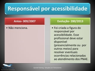 Responsável por acessibilidade
Antes- 009/2007
• Não menciona.
Evolução- 280/2013
• Foi criada a figura do
responsável por
acessibilidade. Esse
profissional deve estar
disponível
(presencialmente ou por
outros meios) para
resolver eventuais
ocorrências relacionadas
ao atendimento dos PNAE.
Garrett Training - Soluções em Treinamento
 
