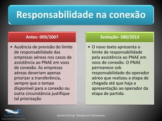 Responsabilidade na conexão
Antes- 009/2007
• Ausência de previsão do limite
de responsabilidade das
empresas aéreas nos casos de
assistência ao PNAE em voos
de conexão. As empresas
aéreas deveriam apenas
priorizar a transferência,
sempre que o tempo
disponível para a conexão ou
outra circunstância justifique
tal priorização
Evolução- 280/2013
• O novo texto apresenta o
limite de responsabilidade
pela assistência ao PNAE em
voos de conexão. O PNAE
permanece sob
responsabilidade do operador
aéreo que realizou a etapa de
chegada até que haja a
apresentação ao operador da
etapa de partida.
Garrett Training - Soluções em Treinamento
 