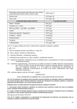 Polifosfatos (determinado pela diferença entre fósforo   0,093 mg/L P
   ácido hidrolisável total e fósforo reativo total)
   Selênio total                                            0,29 mg/L Se
   Zinco total                                              0,12 mg/L Zn
                 PARÂMETROS ORGÂNICOS                                    VALOR MÁXIMO
  Aldrin + Dieldrin                                         0,03 μg/L
   Clordano (cis + trans)                                   0,09 μg/L
   DDT (p-p’DDT + p-p’DDE + p-p’DDD)                        0,13 μg/L
   Endrin                                                   0,037 μg/L
   Heptacloro epóxido+ Heptacloro                           0,053 μg/L
   Lindano (-HCH)                                          0,160 μg/L
   Pentaclorofenol                                          13,0 μg/L
   Toxafeno                                                 0,210 μg/L
   Tributilestanho                                          0,37 μg/L TBT

Art. 23. As águas salobras de classe 3 observarão as seguintes condições e padrões:
I - pH: 5 a 9;
II - OD, em qualquer amostra, não inferior a 3 mg/L O2;
III - óleos e graxas: toleram-se iridescências;
IV - materiais flutuantes: virtualmente ausentes;
V - substâncias que produzem cor, odor e turbidez: virtualmente ausentes;
VI - substâncias facilmente sedimentáveis que contribuam para o assoreamento de canais de navegação:
               virtualmente ausentes;
VII - coliformes termotolerantes: não deverá ser excedido um limite de 4.000 coliformes termotolerantes
               por 100 mL em 80% ou mais de pelo menos 6 amostras coletadas durante o período de um
               ano, com freqüência bimestral. A E. Coli poderá ser determinada em substituição ao
               parâmetro coliformes termotolerantes de acordo com limites estabelecidos pelo órgão
               ambiental competente; e
VIII - carbono orgânico total até 10,0 mg/L, como C.
                                                CAPÍTULO IV
                 DAS CONDIÇÕES E PADRÕES DE LANÇAMENTO DE EFLUENTES
Art. 24. Os efluentes de qualquer fonte poluidora somente poderão ser lançados, direta ou indiretamente,
nos corpos de água, após o devido tratamento e desde que obedeçam às condições, padrões e exigências
dispostos nesta Resolução e em outras normas aplicáveis.
Parágrafo único. O órgão ambiental competente poderá, a qualquer momento:
I - acrescentar outras condições e padrões, ou torná-los mais restritivos, tendo em vista as condições
locais, mediante fundamentação técnica; e
II - exigir a melhor tecnologia disponível para o tratamento dos efluentes, compatível com as condições
do respectivo curso de água superficial, mediante fundamentação técnica.
(Revogado pela Resolução 430/2011)
Art. 25. É vedado o lançamento e a autorização de lançamento de efluentes em desacordo com as
condições e padrões estabelecidos nesta Resolução.

                                                                                                     22
 