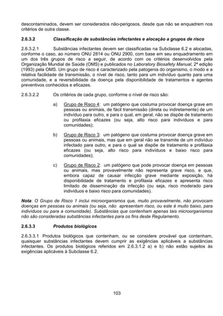 103
descontaminados, devem ser considerados não-perigosos, desde que não se enquadrem nos
critérios de outra classe.
2.6.3.2 Classificação de substâncias infectantes e alocação a grupos de risco
2.6.3.2.1 Substâncias infectantes devem ser classificadas na Subclasse 6.2 e alocadas,
conforme o caso, ao número ONU 2814 ou ONU 2900, com base em seu enquadramento em
um dos três grupos de risco a seguir, de acordo com os critérios desenvolvidos pela
Organização Mundial de Saúde (OMS) e publicados no Laboratory Biosafety Manual, 2ª edição
(1993) pela OMS. Um grupo de risco é caracterizado pela patogenia do organismo, o modo e a
relativa facilidade de transmissão, o nível de risco, tanto para um indivíduo quanto para uma
comunidade, e a reversibilidade da doença pela disponibilidade de tratamentos e agentes
preventivos conhecidos e eficazes.
2.6.3.2.2 Os critérios de cada grupo, conforme o nível de risco são:
a) Grupo de Risco 4: um patógeno que costuma provocar doença grave em
pessoas ou animais, de fácil transmissão (direta ou indiretamente) de um
indivíduo para outro, e para o qual, em geral, não se dispõe de tratamento
ou profilaxia eficazes (ou seja, alto risco para indivíduos e para
comunidades);
b) Grupo de Risco 3: um patógeno que costuma provocar doença grave em
pessoas ou animais, mas que em geral não se transmite de um indivíduo
infectado para outro, e para o qual se dispõe de tratamento e profilaxia
eficazes (ou seja, alto risco para indivíduos e baixo risco para
comunidades);
c) Grupo de Risco 2: um patógeno que pode provocar doença em pessoas
ou animais, mas provavelmente não representa grave risco, e que,
embora capaz de causar infecção grave mediante exposição, há
disponibilidade de tratamento e profilaxia eficazes e apresenta risco
limitado de disseminação da infecção (ou seja, risco moderado para
indivíduos e baixo risco para comunidades).
Nota: O Grupo de Risco 1 inclui microorganismos que, muito provavelmente, não provocam
doenças em pessoas ou animais (ou seja, não apresentam risco, ou este é muito baixo, para
indivíduos ou para a comunidade). Substâncias que contenham apenas tais microorganismos
não são consideradas substâncias infectantes para os fins deste Regulamento.
2.6.3.3 Produtos biológicos
2.6.3.3.1 Produtos biológicos que contenham, ou se considere provável que contenham,
quaisquer substâncias infectantes devem cumprir as exigências aplicáveis a substâncias
infectantes. Os produtos biológicos referidos em 2.6.3.1.2 a) e b) não estão sujeitos às
exigências aplicáveis à Subclasse 6.2.
 
