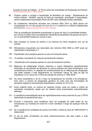 427
emissão da Guia de Tráfego – G Trf por parte das autoridades de fiscalização do Exército.
(Alterado pela Resolução ANTT n.º 1644, de 29/12/06)
90 - Produto sujeito a controle e fiscalização do Ministério da Justiça - Departamento de
Polícia Federal – MJ/DPF, quando se tratar de importação, exportação e reexportação,
sendo indispensável Autorização Prévia do DPF para realização destas operações.
91 - As substâncias infectantes alocadas aos números ONU 2814 ou 2900 devem ser
enquadradas em um dos grupos de risco de 2 a 4 conforme os critérios estabelecidos
em 2.6.3.2.2. (Alterado pela Resolução ANTT n.º 2657, de 18/04/08)
Para as substâncias infectantes enquadradas no grupo de risco 2 a quantidade limitada
por veículo é 333kg. Para as substâncias infectantes enquadradas nos grupos de risco 3
ou 4 a quantidade limitada por veículo é zero.
103 - São proibidos os nitritos de amônio e as misturas de nitrito inorgânico com sal de
amônio.
105 - Nitrocelulose enquadrada nas descrições dos números ONU 2556 ou 2557 pode ser
classificada na Subclasse 4.1.
106 - Classificada como perigosa apenas no caso do transporte aéreo.
113 - É proibido o transporte de misturas quimicamente instáveis.
117 - Classificada como perigosa apenas no caso de transporte marítimo.
119 - Máquinas de refrigeração incluem máquinas e outros dispositivos especificamente
destinados à manutenção de alimentos ou outros produtos em baixa temperatura, num
compartimento interno, e unidades de condicionamento de ar. Máquinas de refrigeração
não estão sujeitas a este Regulamento se contiverem menos de 12kg de gás da
Subclasse 2.2 ou menos de 12 litros de solução de amônia (nº ONU 2672).
122 - Os riscos subsidiários e, se for o caso, as temperaturas de controle e de emergência,
bem como o número da designação genérica de cada uma das formulações de
peróxidos orgânicos correntemente classificadas, constam em 2.5.3.2.4.
127 - Outro material inerte, ou mistura de materiais inertes, pode ser usado a critério da
autoridade competente, desde que tal material tenha propriedades insensibilizantes
idênticas.
131 - A substância insensibilizada deve ser significativamente menos sensível do que o PETN
(tetranitrato de pentaeritrina) seco.
132 - Durante o transporte, esta substância deve ser protegida da ação direta do sol,
armazenada (ou mantida) em local frio e bem ventilado e longe de qualquer fonte de
calor.
133 - Se a substância for embalada de acordo com P409, o rótulo de risco de "EXPLOSIVO" é
dispensável.
135 - O sal de sódio di-hidratado do ácido dicloroisocianúrico não está sujeito a este
Regulamento.
 