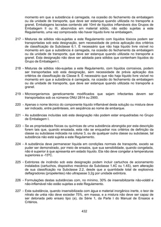 432
momento em que a substância é carregada, na ocasião do fechamento da embalagem
ou da unidade de transporte, que deve ser estanque quando utilizada no transporte a
granel. Embalagens lacradas contendo até 10ml de líquidos inflamáveis dos Grupos de
Embalagem II ou III, absorvidos em material sólido, não estão sujeitas a este
Regulamento, uma vez comprovado não haver líquido livre na embalagem.
217 - Misturas de sólidos não-sujeitas a este Regulamento com líquidos tóxicos podem ser
transportadas sob esta designação, sem necessidade de prévia aplicação dos critérios
de classificação da Subclasse 6.1. É necessário que não haja líquido livre visível no
momento em que a substância é carregada, na ocasião do fechamento da embalagem
ou da unidade de transporte, que deve ser estanque quando utilizada no transporte a
granel. Esta designação não deve ser adotada para sólidos que contenham líquidos do
Grupo de Embalagem I.
218 - Misturas de sólidos não-sujeitas a este Regulamento, com líquidos corrosivos, podem
ser transportadas sob esta designação, sem necessidade de prévia aplicação dos
critérios de classificação da Classe 8. É necessário que não haja líquido livre visível no
momento em que a substância é carregada, na ocasião do fechamento da embalagem
ou da unidade de transporte, que deve ser estanque quando utilizada no transporte a
granel.
219 - Microorganismos geneticamente modificados que sejam infectantes devem ser
transportados sob os números ONU 2814 ou 2900.
220 - Apenas o nome técnico do componente líquido inflamável desta solução ou mistura deve
ser indicado, entre parênteses, em seqüência ao nome de embarque.
221 - As substâncias incluídas sob esta designação não podem estar enquadradas no Grupo
de Embalagem I.
223 - Se as propriedades físicas ou químicas de uma substância abrangida por esta descrição
forem tais que, quando ensaiada, esta não se enquadrar nos critérios de definição da
classe ou subclasse indicada na coluna 3, ou de qualquer outra classe ou subclasse, tal
substância não está sujeita a este Regulamento.
224 - A substância deve permanecer líquida em condições normais de transporte, exceto se
puder ser demonstrado, por meio de ensaios, que sua sensibilidade, quando congelada,
não é superior à que apresenta em estado líquido. Ela não deve congelar a temperaturas
superiores a -15ºC.
225 - Extintores de incêndio sob esta designação podem incluir cartuchos de acionamento
instalados (cartuchos, dispositivo mecânico da Subclasse 1.4C ou 1.4S), sem alteração
de sua classificação na Subclasse 2.2, desde que a quantidade total de explosivos
deflagradores (propelentes) não ultrapasse 3,2g por unidade extintora.
226 - Formulações destas substâncias com, no mínimo, 30% de insensibilizante não-volátil e
não-inflamável não estão sujeitas a este Regulamento.
227 - Esta substância, quando insensibilizada com água e material inorgânico inerte, o teor de
nitrato de uréia não deve exceder 75%, em massa, e a mistura não deve ser capaz de
ser detonada pelo ensaio tipo (a), da Série 1, da Parte I do Manual de Ensaios e
Critérios.
 
