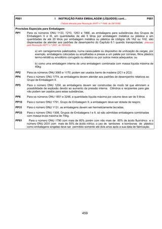 459
P001 I INSTRUÇÃO PARA EMBALAGEM (LÍQUIDOS) cont...
(Tabela alterada pela Resolução ANTT n.º 1644, de 29/12/06)
P001
Provisões Especiais para Embalagem:
PP1 Para os números ONU 1133, 1210, 1263 e 1866, as embalagens para substâncias dos Grupos de
Embalagem II e III, em quantidades de até 5 litros por embalagem metálica ou plástica e em
quantidades de até 20 litros por embalagem metálica ou plástica de códigos UN 1A2 ou 1H2, são
dispensadas de atender aos padrões de desempenho do Capítulo 6.1 quando transportadas: (Alterada
pela Resolução ANTT n.º 2657, de 18/04/08)
a) em carregamentos paletizados, numa caixa-palete ou dispositivo de unitização de cargas, por
exemplo, embalagens colocadas ou empilhadas e presas a um palete por correias, filme plástico
termo-retrátil ou envoltório corrugado ou elástico ou por outros meios adequados; ou
b) como uma embalagem interna de uma embalagem combinada com massa líquida máxima de
40kg.
PP2 Para os números ONU 3065 e 1170, podem ser usados barris de madeira (2C1 e 2C2)
PP4 Para o número ONU 1774, as embalagens devem atender aos padrões de desempenho relativos ao
Grupo de Embalagem II.
PP5 Para o número ONU 1204, as embalagens devem ser construídas de modo tal que eliminem a
possibilidade de explosão devido ao aumento da pressão interna. Cilindros e recipientes para gás
não podem ser usados para estas substâncias.
PP6 Para os números ONU 1851 e 3248, a quantidade líquida máxima por volume deve ser de 5 litros.
PP10 Para o número ONU 1791, Grupo de Embalagem II, a embalagem deve ser dotada de respiro.
PP31 Para o número ONU 1131, as embalagens devem ser hermeticamente lacradas.
PP33 Para o número ONU 1308, Grupos de Embalagens I e II, só são admitidas embalagens combinadas
com massa bruta máxima de 75kg.
PP81 Para o número ONU 1790 com mais de 60% porém com não mais de 85% de ácido fluorídrico e o
número ONU 2031 com mais de 55% de ácido nítrico, o uso de tambores e bombonas de plástico
como embalagens singelas deve ser permitido somente até dois anos após a sua data de fabricação.
 