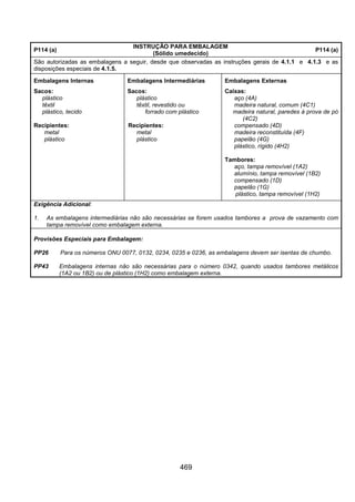 469
P114 (a)
INSTRUÇÃO PARA EMBALAGEM
(Sólido umedecido)
P114 (a)
São autorizadas as embalagens a seguir, desde que observadas as instruções gerais de 4.1.1 e 4.1.3 e as
disposições especiais de 4.1.5.
Embalagens Internas Embalagens Intermediárias Embalagens Externas
Sacos:
plástico
têxtil
plástico, tecido
Recipientes:
metal
plástico
Sacos:
plástico
têxtil, revestido ou
forrado com plástico
Recipientes:
metal
plástico
Caixas:
aço (4A)
madeira natural, comum (4C1)
madeira natural, paredes à prova de pó
(4C2)
compensado (4D)
madeira reconstituída (4F)
papelão (4G)
plástico, rígido (4H2)
Tambores:
aço, tampa removível (1A2)
alumínio, tampa removível (1B2)
compensado (1D)
papelão (1G)
plástico, tampa removível (1H2)
Exigência Adicional:
1. As embalagens intermediárias não são necessárias se forem usados tambores a prova de vazamento com
tampa removível como embalagem externa.
Provisões Especiais para Embalagem:
PP26 Para os números ONU 0077, 0132, 0234, 0235 e 0236, as embalagens devem ser isentas de chumbo.
PP43 Embalagens internas não são necessárias para o número 0342, quando usados tambores metálicos
(1A2 ou 1B2) ou de plástico (1H2) como embalagem externa.
 