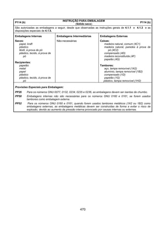 470
P114 (b)
INSTRUÇÃO PARA EMBALAGEM
(Sólido seco)
P114 (b)
São autorizadas as embalagens a seguir, desde que observadas as instruções gerais de 4.1.1 e 4.1.3 e as
disposições especiais de 4.1.5.
Embalagens Internas Embalagens Intermediárias Embalagens Externas
Sacos:
papel, kraft
plástico
têxtil, à prova de pó
plástico, tecido, à prova de
pó
Recipientes:
papelão
metal
papel
plástico
plástico, tecido, à prova de
pó
Não-necessárias Caixas:
madeira natural, comum (4C1)
madeira natural, paredes à prova de
pó (4C2)
compensado (4D)
madeira reconstituída (4F)
papelão (4G)
Tambores:
aço, tampa removível (1A2)
alumínio, tampa removível (1B2)
compensado (1D)
papelão (1G)
plástico, tampa removível (1H2)
Provisões Especiais para Embalagem:
PP26 Para os números ONU 0077, 0132, 0234, 0235 e 0236, as embalagens devem ser isentas de chumbo.
PP50 Embalagens internas não são necessárias para os números ONU 0160 e 0161, se forem usados
tambores como embalagem externa.
PP52 Para os números ONU 0160 e 0161, quando forem usados tambores metálicos (1A2 ou 1B2) como
embalagens externas, as embalagens metálicas devem ser construídas de forma a evitar o risco de
explosão, devido ao aumento da pressão interna provocado por causas internas ou externas.
 