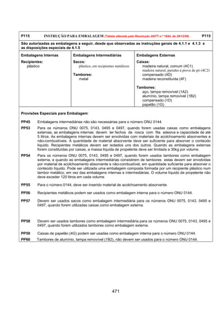 471
P115 INSTRUÇÃO PARA EMBALAGEM (Tabela alterada pela Resolução ANTT n.º 1644, de 29/12/06) P115
São autorizadas as embalagens a seguir, desde que observadas as instruções gerais de 4.1.1 e 4.1.3 e
as disposições especiais de 4.1.5
Embalagens Internas Embalagens Intermediárias Embalagens Externas
Recipientes:
plástico
Sacos:
plástico, em recipientes metálicos
Tambores:
metal
Caixas:
madeira natural, comum (4C1)
madeira natural, paredes à prova de pó (4C2)
compensado (4D)
madeira reconstituída (4F)
Tambores:
aço, tampa removível (1A2)
alumínio, tampa removível (1B2)
compensado (1D)
papelão (1G)
Provisões Especiais para Embalagem:
PP45 Embalagens intermediárias não são necessárias para o número ONU 0144.
PP53 Para os números ONU 0075, 0143, 0495 e 0497, quando forem usadas caixas como embalagens
externas, as embalagens internas devem ter fechos de rosca com fita adesiva e capacidade de até
5 litros. As embalagens internas devem ser envolvidas com materiais de acolchoamento absorventes e
não-combustíveis. A quantidade de material absorvente deve ser suficiente para absorver o conteúdo
líquido. Recipientes metálicos devem ser isolados uns dos outros. Quando as embalagens externas
forem constituídas por caixas, a massa líquida de propelente deve ser limitada a 30kg por volume.
PP54 Para os números ONU 0075, 0143, 0495 e 0497, quando forem usados tambores como embalagem
externa, e quando as embalagens intermediárias consistirem de tambores estas devem ser envolvidas
por material de acolchoamento absorvente e não-combustível, em quantidade suficiente para absorver o
conteúdo líquido. Pode ser utilizada uma embalagem composta formada por um recipiente plástico num
tambor metálico, em vez das embalagens internas e intermediárias. O volume líquido de propelente não
deve exceder 120 litros em cada volume.
PP55 Para o número 0144, deve ser inserido material de acolchoamento absorvente.
PP56 Recipientes metálicos podem ser usados como embalagem interna para o número ONU 0144.
PP57 Devem ser usados sacos como embalagem intermediária para os números ONU 0075, 0143, 0495 e
0497, quando forem utilizadas caixas como embalagem externa.
PP58 Devem ser usados tambores como embalagem intermediária para os números ONU 0075, 0143, 0495 e
0497, quando forem utilizados tambores como embalagem externa.
PP59 Caixas de papelão (4G) podem ser usadas como embalagem interna para o número ONU 0144.
PP60 Tambores de alumínio, tampa removível (1B2), não devem ser usados para o número ONU 0144.
 