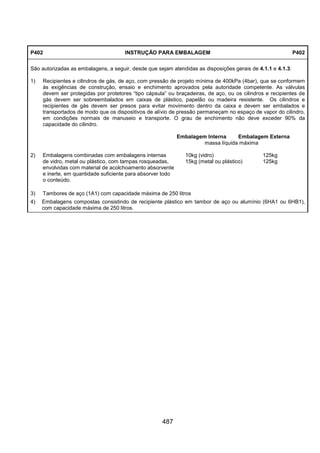 487
P402 INSTRUÇÃO PARA EMBALAGEM P402
São autorizadas as embalagens, a seguir, desde que sejam atendidas as disposições gerais de 4.1.1 e 4.1.3:
1) Recipientes e cilindros de gás, de aço, com pressão de projeto mínima de 400kPa (4bar), que se conformem
às exigências de construção, ensaio e enchimento aprovados pela autoridade competente. As válvulas
devem ser protegidas por protetores “tipo cápsula” ou braçadeiras, de aço, ou os cilindros e recipientes de
gás devem ser sobreembalados em caixas de plástico, papelão ou madeira resistente. Os cilindros e
recipientes de gás devem ser presos para evitar movimento dentro da caixa e devem ser embalados e
transportados de modo que os dispositivos de alívio de pressão permaneçam no espaço de vapor do cilindro,
em condições normais de manuseio e transporte. O grau de enchimento não deve exceder 90% da
capacidade do cilindro.
Embalagem Interna Embalagem Externa
massa líquida máxima
2) Embalagens combinadas com embalagens internas 10kg (vidro) 125kg
de vidro, metal ou plástico, com tampas rosqueadas, 15kg (metal ou plástico) 125kg
envolvidas com material de acolchoamento absorvente
e inerte, em quantidade suficiente para absorver todo
o conteúdo.
3) Tambores de aço (1A1) com capacidade máxima de 250 litros
4) Embalagens compostas consistindo de recipiente plástico em tambor de aço ou alumínio (6HA1 ou 6HB1),
com capacidade máxima de 250 litros.
 