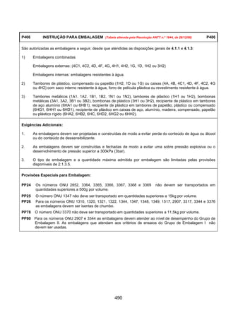 490
P406 INSTRUÇÃO PARA EMBALAGEM (Tabela alterada pela Resolução ANTT n.º 1644, de 29/12/06) P406
São autorizadas as embalagens a seguir, desde que atendidas as disposições gerais de 4.1.1 e 4.1.3:
1) Embalagens combinadas
Embalagens externas: (4C1, 4C2, 4D, 4F, 4G, 4H1, 4H2, 1G, 1D, 1H2 ou 3H2)
Embalagens internas: embalagens resistentes à água.
2) Tambores de plástico, compensado ou papelão (1H2, 1D ou 1G) ou caixas (4A, 4B, 4C1, 4D, 4F, 4C2, 4G
ou 4H2) com saco interno resistente à água, forro de película plástica ou revestimento resistente à água.
3) Tambores metálicos (1A1, 1A2, 1B1, 1B2, 1N1 ou 1N2), tambores de plástico (1H1 ou 1H2), bombonas
metálicas (3A1, 3A2, 3B1 ou 3B2), bombonas de plástico (3H1 ou 3H2), recipiente de plástico em tambores
de aço alumínio (6HA1 ou 6HB1), recipiente de plástico em tambores de papelão, plástico ou compensado
(6HG1, 6HH1 ou 6HD1), recipiente de plástico em caixas de aço, alumínio, madeira, compensado, papelão
ou plástico rígido (6HA2, 6HB2, 6HC, 6HD2, 6HG2 ou 6HH2).
Exigências Adicionais:
1. As embalagens devem ser projetadas e construídas de modo a evitar perda do conteúdo de água ou álcool
ou do conteúdo de dessensibilizante.
2. As embalagens devem ser construídas e fechadas de modo a evitar uma sobre pressão explosiva ou o
desenvolvimento de pressão superior a 300kPa (3bar).
3. O tipo de embalagem e a quantidade máxima admitida por embalagem são limitadas pelas provisões
disponíveis de 2.1.3.5.
Provisões Especiais para Embalagem:
PP24 Os números ONU 2852, 3364, 3365, 3366, 3367, 3368 e 3369 não devem ser transportados em
quantidades superiores a 500g por volume.
PP25 O número ONU 1347 não deve ser transportado em quantidades superiores a 15kg por volume.
PP26 Para os números ONU 1310, 1320, 1321, 1322, 1344, 1347, 1348, 1349, 1517, 2907, 3317, 3344 e 3376
as embalagens devem ser isentas de chumbo.
PP78 O número ONU 3370 não deve ser transportado em quantidades superiores a 11,5kg por volume.
PP80 Para os números ONU 2907 e 3344 as embalagens devem atender ao nível de desempenho do Grupo de
Embalagem II. As embalagens que atendam aos critérios de ensaios do Grupo de Embalagem I não
devem ser usadas.
 