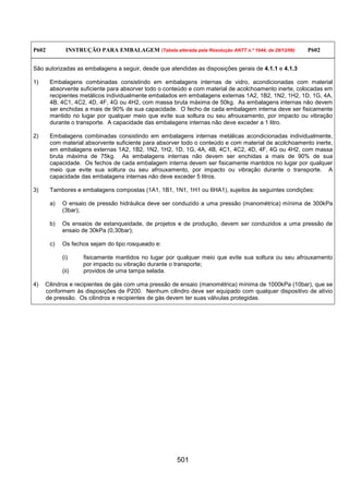 501
P602 INSTRUÇÃO PARA EMBALAGEM (Tabela alterada pela Resolução ANTT n.º 1644, de 29/12/06) P602
São autorizadas as embalagens a seguir, desde que atendidas as disposições gerais de 4.1.1 e 4.1.3
1) Embalagens combinadas consistindo em embalagens internas de vidro, acondicionadas com material
absorvente suficiente para absorver todo o conteúdo e com material de acolchoamento inerte, colocadas em
recipientes metálicos individualmente embalados em embalagens externas 1A2, 1B2, 1N2, 1H2, 1D, 1G, 4A,
4B, 4C1, 4C2, 4D, 4F, 4G ou 4H2, com massa bruta máxima de 50kg. As embalagens internas não devem
ser enchidas a mais de 90% de sua capacidade. O fecho de cada embalagem interna deve ser fisicamente
mantido no lugar por qualquer meio que evite sua soltura ou seu afrouxamento, por impacto ou vibração
durante o transporte. A capacidade das embalagens internas não deve exceder a 1 litro.
2) Embalagens combinadas consistindo em embalagens internas metálicas acondicionadas individualmente,
com material absorvente suficiente para absorver todo o conteúdo e com material de acolchoamento inerte,
em embalagens externas 1A2, 1B2, 1N2, 1H2, 1D, 1G, 4A, 4B, 4C1, 4C2, 4D, 4F, 4G ou 4H2, com massa
bruta máxima de 75kg. As embalagens internas não devem ser enchidas a mais de 90% de sua
capacidade. Os fechos de cada embalagem interna devem ser fisicamente mantidos no lugar por qualquer
meio que evite sua soltura ou seu afrouxamento, por impacto ou vibração durante o transporte. A
capacidade das embalagens internas não deve exceder 5 litros.
3) Tambores e embalagens compostas (1A1, 1B1, 1N1, 1H1 ou 6HA1), sujeitos às seguintes condições:
a) O ensaio de pressão hidráulica deve ser conduzido a uma pressão (manométrica) mínima de 300kPa
(3bar);
b) Os ensaios de estanqueidade, de projetos e de produção, devem ser conduzidos a uma pressão de
ensaio de 30kPa (0,30bar);
c) Os fechos sejam do tipo rosqueado e:
(i) fisicamente mantidos no lugar por qualquer meio que evite sua soltura ou seu afrouxamento
por impacto ou vibração durante o transporte;
(ii) providos de uma tampa selada.
4) Cilindros e recipientes de gás com uma pressão de ensaio (manométrica) mínima de 1000kPa (10bar), que se
conformem às disposições de P200. Nenhum cilindro deve ser equipado com qualquer dispositivo de alívio
de pressão. Os cilindros e recipientes de gás devem ter suas válvulas protegidas.
 