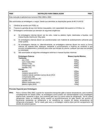 505
P800 INSTRUÇÃO PARA EMBALAGEM P800
Esta instrução é aplicável aos números ONU 2809 e 2803
São autorizadas as embalagens, a seguir, desde que atendidas as disposições gerais de 4.1.1 e 4.1.3
1) Cilindros de acordo com P200; ou
2) Frascos ou garrafas de aço com fechos rosqueados, com capacidade não-superior a 2,5 litros; ou
3) Embalagens combinadas que atendam às seguintes exigências:
a) As embalagens internas devem ser de vidro, metal ou plástico rígido, destinadas a líquidos, com
massa líquida máxima de 15kg cada.
b) As embalagens internas devem ser acondicionadas com material de acolchoamento suficiente para
evitar quebra.
c) As embalagens internas ou, alternativamente, as embalagens externas devem ter sacos ou forros
internos de material forte, estanque, resistente a puncionamento e impérvio ao conteúdo e que
envolva completamente o conteúdo para evitar que escape do volume, qualquer que seja sua posição
ou orientação.
d) São autorizadas as seguintes embalagens externas e massas líquidas máximas:
Embalagem Externa: Massa Líquida Máxima
Tambores:
aço (1A2) 400kg
outro metal (1N2) 400kg
plástico (1H2) 400kg
compensado (1D) 400kg
papelão (1G) 400kg
Caixas:
aço(4A) 400kg
madeira natural (4C1) 250kg
madeira natural, paredes à prova de pó (4C2) 250kg
compensado (4D) 250kg
madeira reconstituída (4F) 125kg
papelão (4G) 125kg
plástico expandido (4H1) 60kg
plástico rígido (4H2) 125kg
Provisão Especial para Embalagem:
PP41 Para o número ONU 2803, quando for necessário transportar gálio a baixas temperaturas, para mantê-lo
completamente em estado sólido, as embalagens acima podem ser sobreembaladas numa embalagem
externa forte, resistente a água, que contenha gelo seco ou outros meios de refrigeração. Se for usado
refrigerante, todos os materiais acima usados no acondicionamento do gálio devem ser química e
fisicamente resistentes ao refrigerante e ter resistência ao impacto às baixas temperaturas do
refrigerante empregado. Se for usado gelo seco, a embalagem externa deve permitir escapamento de
dióxido de carbono gasoso.
 