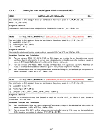 510
4.1.4.2 Instruções para embalagens relativas ao uso de IBCs
IBC01 INSTRUÇÃO PARA EMBALAGEM IBC01
São autorizadas os IBCs a seguir, desde que atendidas as disposições gerais de 4.1.1, 4.1.2 e 4.1.3.
Metal (31A, 31B e 31N)
Exigência Adicional:
Somente são autorizados líquidos com pressão de vapor até 110kPa a 50ºC, ou 130kPa a 55ºC.
IBC02 INSTRUÇÃO PARA EMBALAGEM (Tabela alterada pela Resolução ANTT n.º 1644, de 29/12/06) IBC02
São autorizados os IBCs a seguir, desde que atendidas as disposições gerais de 4.1.1, 4.1.2 e 4.1.3.
1) Metal (31A, 31B e 31N);
2) Plástico rígido (31H1, 31H2);
3) Composto (31HZ1).
Exigência Adicional:
Somente são autorizados líquidos com pressão de vapor até 110kPa a 50ºC, ou 130kPa a 55ºC.
Provisões Especiais para Embalagem:
B5 Para os números ONU 1791, 2014, 3149, os IBCs devem ser providos de um dispositivo que permita
ventilação durante o transporte. A entrada para o dispositivo de ventilação deve estar situada no espaço de
vapor do IBC nas condições de enchimento máximo durante o transporte.
B7 Para os números ONU 1222 e 1865, não são admitidos IBCs com capacidade superior a 450 litros, em
razão ao potencial de explosão da substância quando transportada em grandes volumes.
B8 Esta substância não deve ser transportada em IBCs em sua forma pura, pois sabe-se que sua pressão de
vapor é superior a 110kPa a 50ºC ou 130kPa a 55ºC.
IBC03 INSTRUÇÃO PARA EMBALAGEM (Tabela alterada pela Resolução ANTT n.º 1644, de 29/12/06) IBC03
São autorizados os IBCs a seguir, desde que atendidas as disposições gerais de 4.1.1, 4.1.2 e 4.1.3.
1) Metal (31A, 31B e 31N);
2) Plástico rígido (31H1, 31H2);
3) Composto (31HZ1, 31HA2, 31HB2, 31HN2, 31HD2 e 31HH2).
Exigência Adicional:
Somente são autorizados líquidos com pressão de vapor até 110kPa a 50ºC, ou 130kPa a 55ºC, exceto do
número ONU 2672 (ver B11).
Provisões Especiais para Embalagem:
B8 Esta substância não deve ser transportada em IBCs em sua forma pura, pois sabe-se que sua pressão de
vapor é superior a 110kPa a 50ºC ou 130kPa a 55ºC.
B11 Para o número ONU 2672 amônia solução, com concentração inferior a 25%, pode ser transportada em
IBCs rígidos ou compostos, de plásticos (31H1, 31H2 e 31HZ1).
 